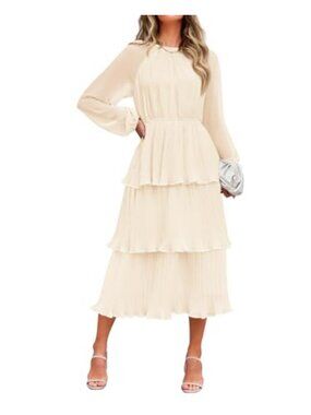 Chiffon Tiered Midi Dress Long Lantern Sleeve High Waist Semi Formal